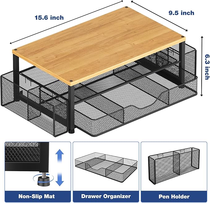 Desk Organizers and Accessories, 2-Tier Computer Monitor Stand Riser with Drawer and 2 Pen Holders, Laptop Stand, Office Desk Accessories for Office Supplies, Oak