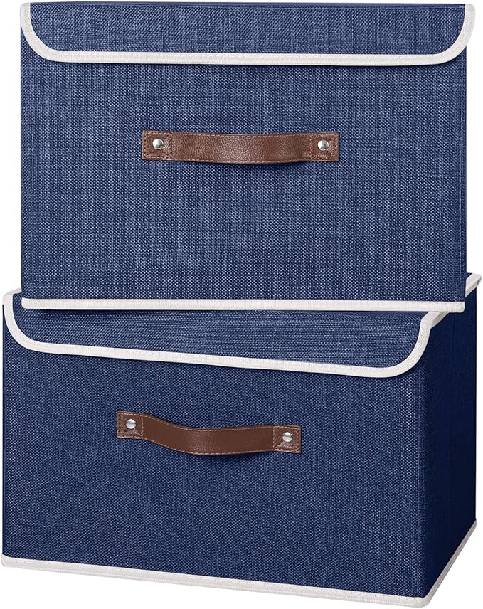 ANMINY 4PCS Storage Bins with Lid PU Leather Handles Storage Boxes PP Plastic Board Decorative Foldable Lidded Cotton Linen Fabric Home Cubes Baskets Closet Organizer Containers - Blue, Large Size-NeatNest
