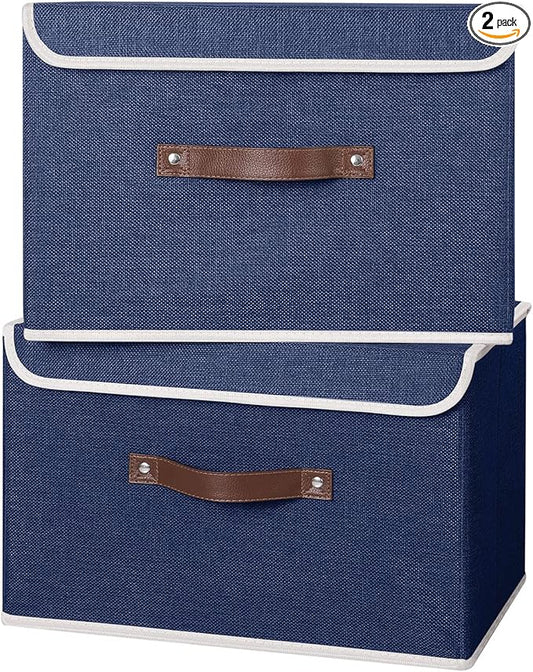 ANMINY 2PCS Storage Bins with Lid PU Leather Handles Storage Boxes PP Plastic Board Decorative Foldable Lidded Cotton Linen Fabric Home Cubes Baskets Closet Organizer Containers - Blue, Large Size-NeatNest