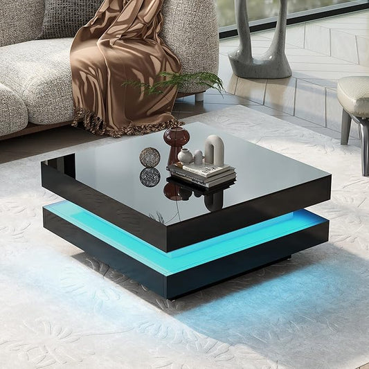 High Gloss 2-Tier Square Coffee Table with LED Lights, Center Table for Living Room, 31.5" x 31.5" x 14.2", Black