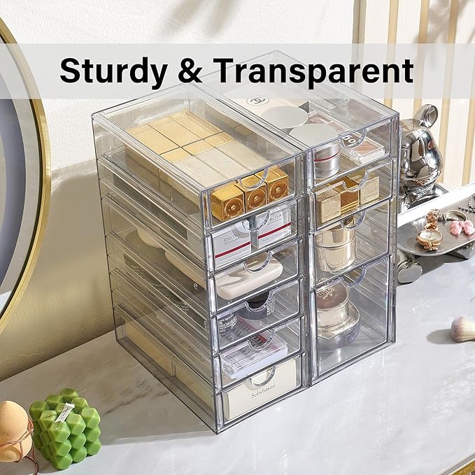 Prsildan Acrylic Drawer Makeup Organizer with 10 Drawers, Set of 2 Office Desk Organizers Accessories, Clear Stackable Storage Drawers for Vanity, Countertop, Craft, Jewelry, Art Supply Organization-NeatNest