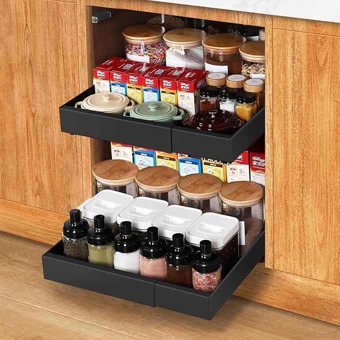 Under Sink Cabinet Organizer with Slide-Out Drawers Heavy-Duty Adjustable 12.6''-20.5'' Deep Tool-Free Adhesive & Screw Mounting, Removable Shelves for Kitchen Storage (Black)-NeatNest
