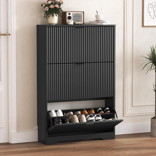 Shoe Cabinet Storage for Entryway with 3 Flip Drawers, Black Fluted Shoe Cabinet with Adjustable Shelves, Wooden Hidden Shoe Rack Freestanding Narrow Slim Shoes Storage for Hallway, Entrance
