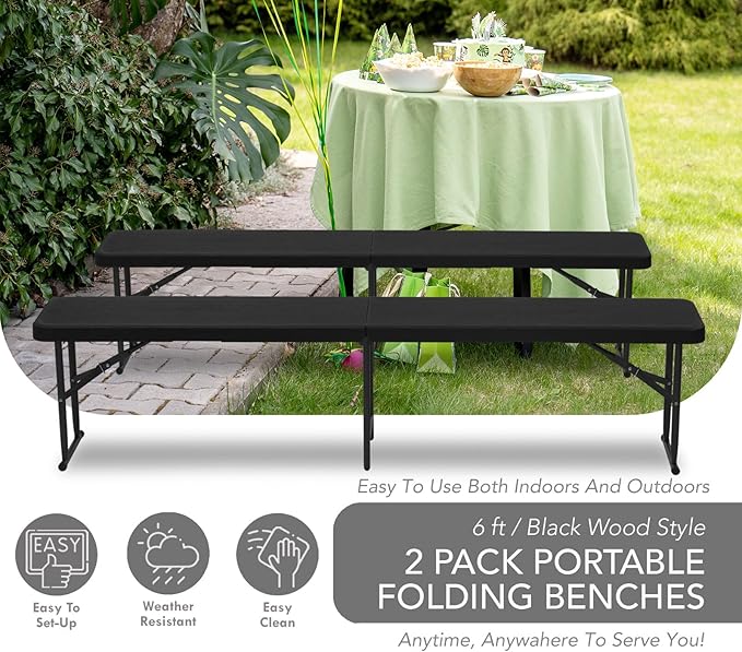 AJP Distributors 2 Pack 6 Foot Portable Plastic Folding Bench 6FT 72" Half Foldable Heavy Duty Seat w/Carry Handle - Indoor Outdoor Backyard Camping Picnic BBQ Party Wedding Dining Event Meeting Black-NeatNest