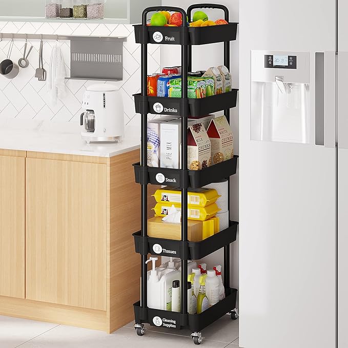 Laiensia Storage Cart,Multifunction Utility Rolling Cart Kitchen Storage Organizer,Mobile Shelving Unit Cart with Lockable Wheels for Bathroom,Laundry,with Classified Stickers-NeatNest