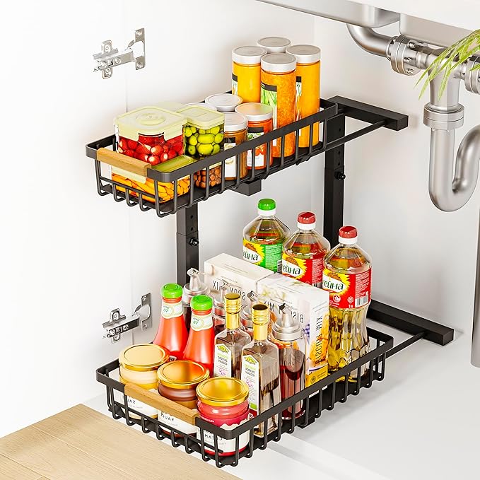 Under Sink Organizers, 2 Tier Pull Out Under Cabinet Organizer，Height Adjustable Pull Out Cabinet Drawers, Metal Sliding Drawer for Kitchen Bathroom Pantry Cabinet Closet Organization Rack，1 Pack-NeatNest