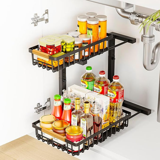Under Sink Organizers, 2 Tier Pull Out Under Cabinet Organizer，Height Adjustable Pull Out Cabinet Drawers, Metal Sliding Drawer for Kitchen Bathroom Pantry Cabinet Closet Organization Rack，1 Pack-NeatNest