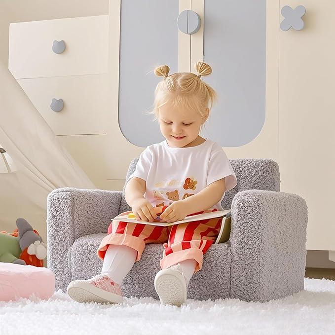 ALIMORDEN 2-in-1 Flip Out Cuddly Sherpa Toddler Couch, Convertible Sofa to Lounger, Grey-NeatNest