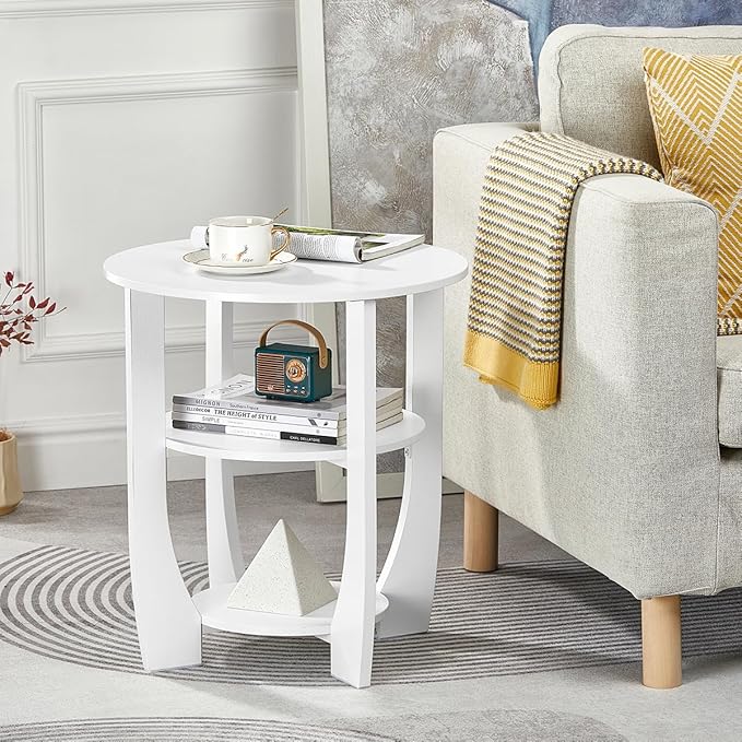 Round End Table with Storage Shelf,3 Tier Modern Side Table, Sofa Recliner Side Table,Accent Coffee Table,Nightstand for Living Room Bedroom for Small Spaces,19.7" D x 21.7" H