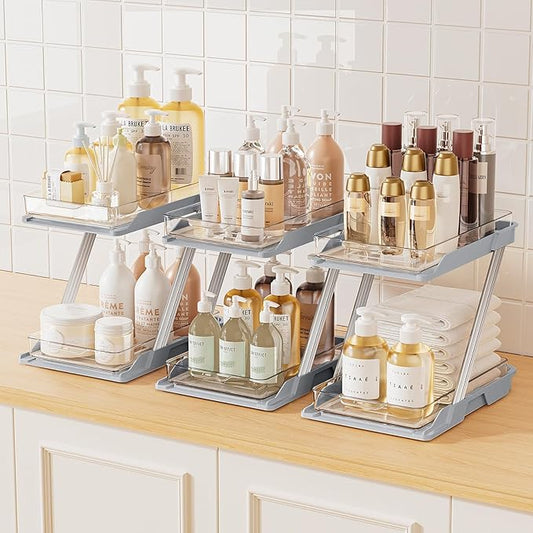 3 Pack Bathroom Organizers and Storage - Multi-Purpose,2-Tier Clear Pull Out Organization for Bathroom,Under Sink,Kitchen,Vanity,Countertop,Cabinet,Pantry & Medicine Cabinet,Grey-NeatNest