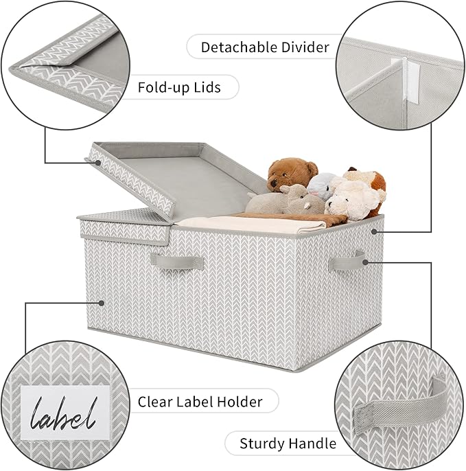 GRANNY SAYS Closet Storage Bins with lids, Fabric Storage Box with Lid, Clothes Bins Storage for Closet, Shelf Baskets for Living Room Wardrobe Shelves, Jumbo, Gray/White, 1-Pack-NeatNest