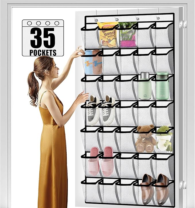 Aheroi 35 Pockets Large Over the Door Organizer, Breathable Mesh Pockets Shoe Organizer, Hanging Shoe Organizers Mesh Closet Shoe Holder Hanger Holds Up to 40 lbs, Space Saving Shoe Rack