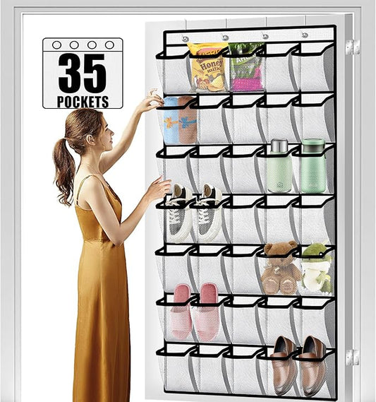 Aheroi 35 Pockets Large Over the Door Organizer, Breathable Mesh Pockets Shoe Organizer, Hanging Shoe Organizers Mesh Closet Shoe Holder Hanger Holds Up to 40 lbs, Space Saving Shoe Rack