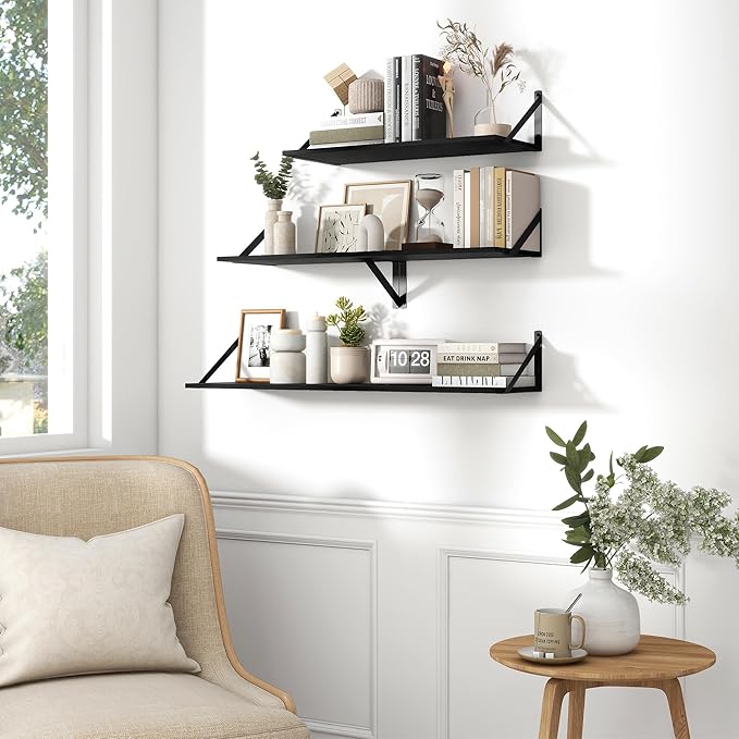Fun Memories Deep Floating Shelves for Wall, 36W x 8D Wall Mounted Shelves Set of 2, Wide Display Ledge Shelf with Sturdy Metal Brackets for Living Room, Bathroom, Bedroom and Kitchen, Black-NeatNest