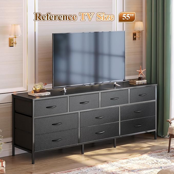 Huuger 63 Inch Dresser for Bedroom, Long Dresser with 10 Fabric Drawers, TV Stand for 55, 65, 70 Inch TV, Toy Storage Organizer for Closet, Black-NeatNest