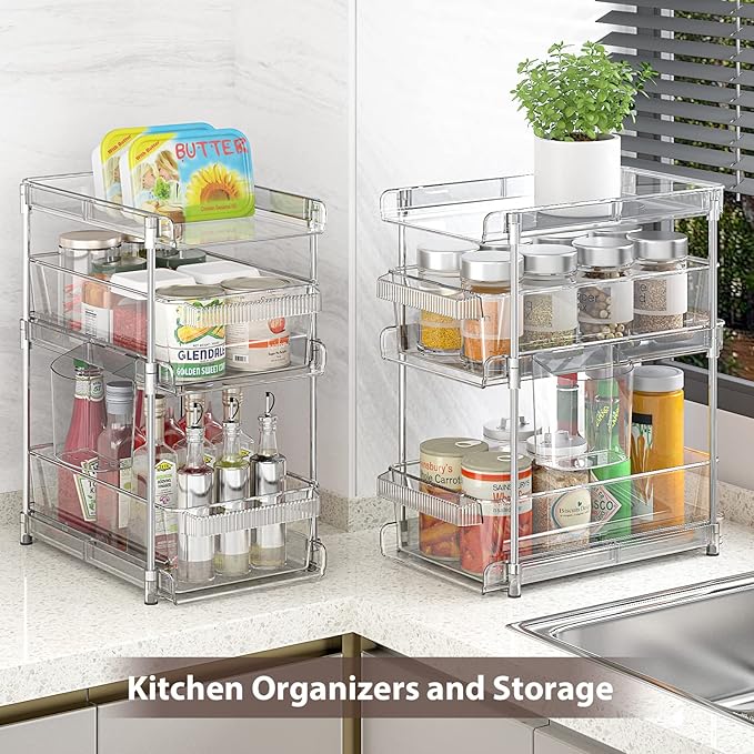 Clear Bathroom Organizers 2 Sets 3 Tier, Pull Out Organizer and Storage with 2 Cups, Slide Out Drawer Storage Container with 6 Dividers, Multi-Purpose Bathroom Organizer, Kitchen Under Sink Organizer-NeatNest