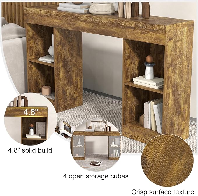 55 Inches Console Table,4 Cubes Narrow Entryway Table,3 Tier Wood Behind Couch Sofa Table,TV Console with Storage for Living Room,Hallway,Entrance,Foyer (Bright Brown)-NeatNest