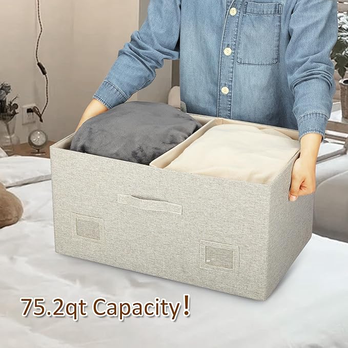 75 Quarts Extra Large Decorative Storage Bins with Lids, 3 Packs Beige Collapsible Storage Bins with Lids, Stackable Storage Bins Decorative Box Storage With Lid Extra Large-NeatNest