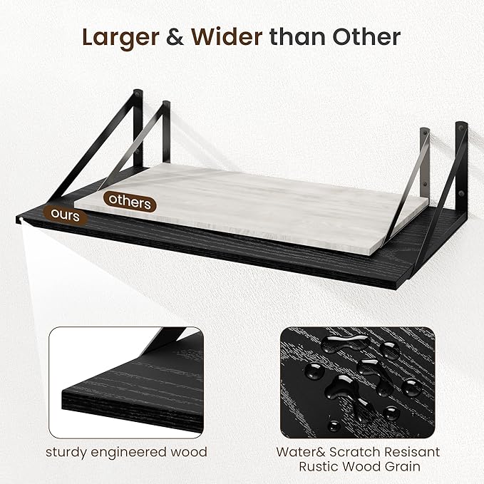 Fun Memories Floating Shelves for Wall, 12 Inch Deep Floating Shelves Set of 2, 36W x 12D Large Wall Shelf with Sturdy Metal Brackets for Living Room, Bathroom, Bedroom and Kitchen, Black-NeatNest