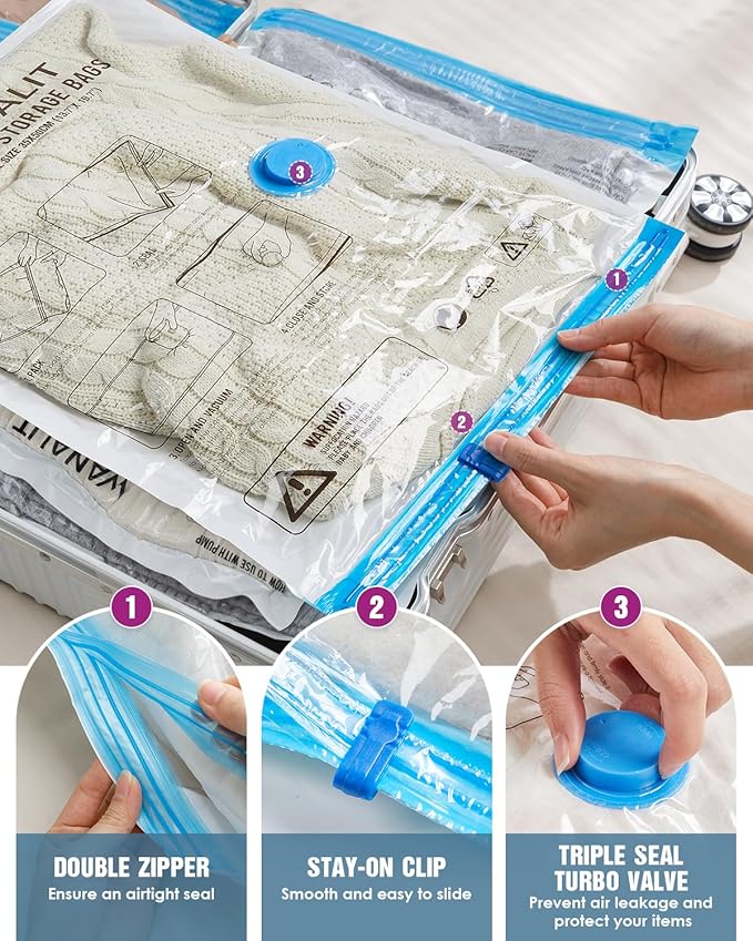 Vacuum Storage Bags for Travel, 24 Pack (6L+6M+6S+6XS) Vacuum Seal Bags with Wireless Rechargeable Electric Pump, Travel Essentials Space Saving Bag for Clothes, Luggage, Carry-on Suitcase, Backpack-NeatNest