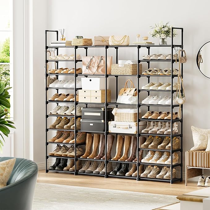 WOWLIVE 4 Row 10 Tiers Extra Large Shoe Rack 72-80 Pairs Big Tall Metal Shoe Shelf, Heavy Duty Organizer for Closet Entryway, Boot Rack Storage Stackable Stand for Garage Black-NeatNest