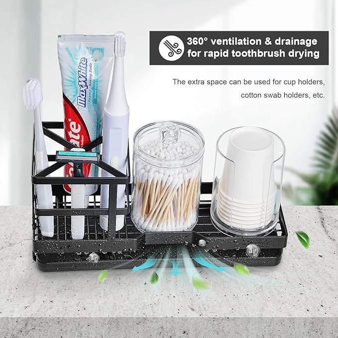 MYITYARD Toothbrush Holders for Bathrooms, Cotton Swabs & Cups Dispenser Set - Metal Electric Tooth Brushing & Toothpaste Countertop Organizer with Drainage for Shower, Sink - Black
