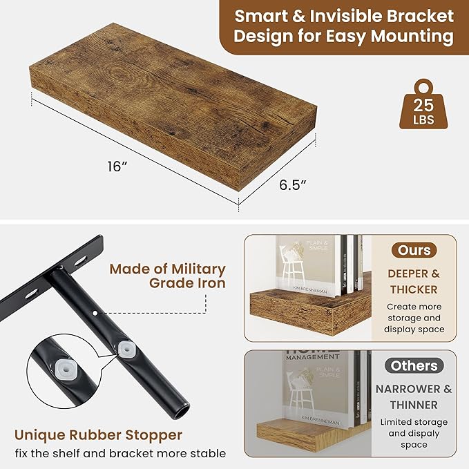 fuqing Floating Shelves for Wall, Bathroom Shelf Wall Mounted for Storage, Shelves with Invisible Bracket for Bedroom, Kitchen, Living Room, Farmhouse Small Book Shelf, 16 Inch Set of 2, Rustic Brown-NeatNest