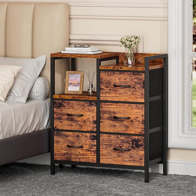 Furnulem 5 Drawer Rustic Brown Dressers for Bedroom 2 Tier Shelf Storage Small Fabric Dresser for Closet Sturdy Metal Frame Modern Style Storage Cabinets Organization Units for Hallway Rooms-NeatNest