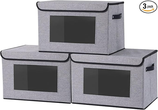 Cloth Storage Cubes, Decorative Linen Closet Organizers Bins, 17.7 x 11.8 x 11.8 inch Blanket Baskets for Shelves with Lids, Clothes Boxes with Handles, Gray, 3-Pack-NeatNest