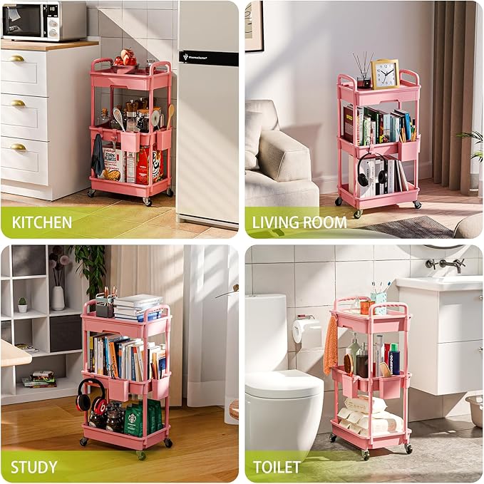 3 Tier Rolling Cart Organizer,Laundry Room Bathroom Organizers and Storage Office Shelves Mobile Shelving Unit Kitchen Trolley Cart with Wheels for Art,Craft,Diaper,Bedside,Snack(Pink)-NeatNest