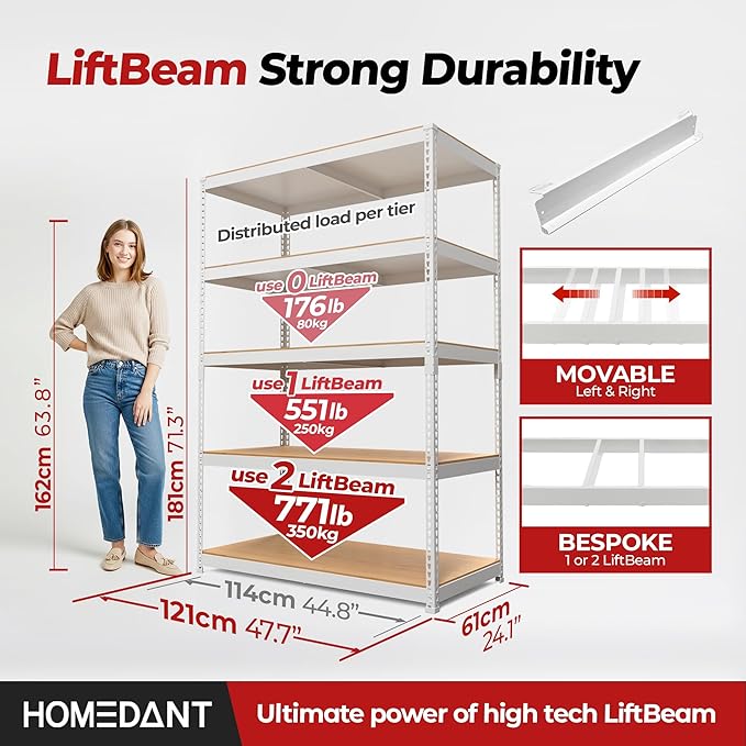 HOMEDANT White 5 Tier Laminated Boltless Heavy Duty Garage Storage Adjustable Wide Size Metal Shelving Unit Utility Rack Shelves Organization Shelf Shed Warehouse 47.7" W x 24.1" D x 71.3" H 4Pack-NeatNest