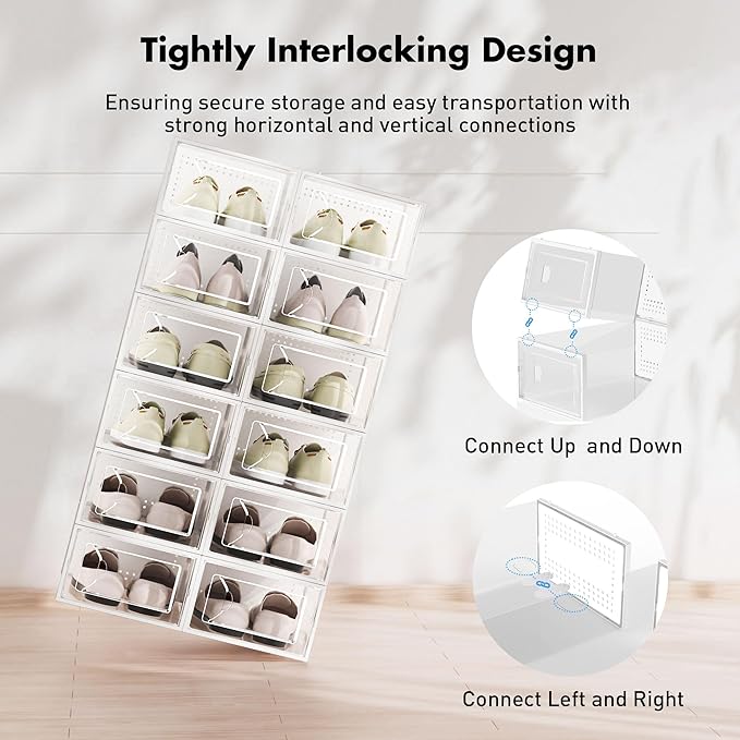 Shoe Storage Box, 15 Pack Clear Plastic Stackable Shoe Organizer for Closet, Interlocking Design Shoe Container Bins for Sneakers, Foldable Shoe Rack with Lids, White-NeatNest