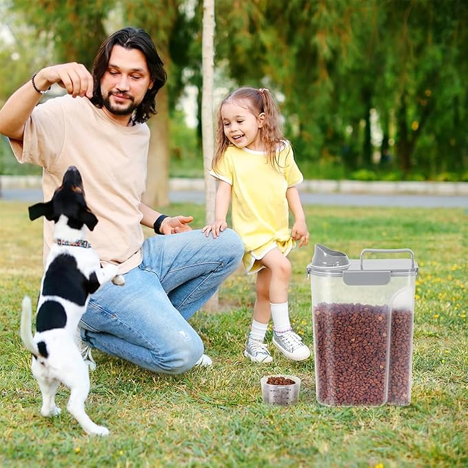 5-7Lbs Dog Cat Food Storage Container with Upgraded Large Nozzle BPA-free, 4 Snap Seals Plastic Pet Food Storage Containers with Handles (1, Light Gray, 5L)-NeatNest