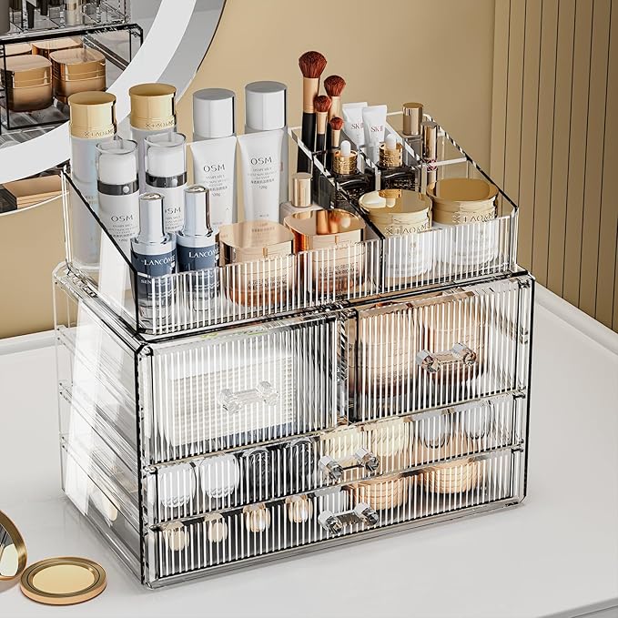 ZHIAI Stackable Storage Drawers, Acrylic Bathroom Counter Organizer Clear Makeup Organizers for Vanity, Kitchen Cabinets, Bathroom, Undersink, Home Organization and Storage (1 Top 4 Drawers D)-NeatNest