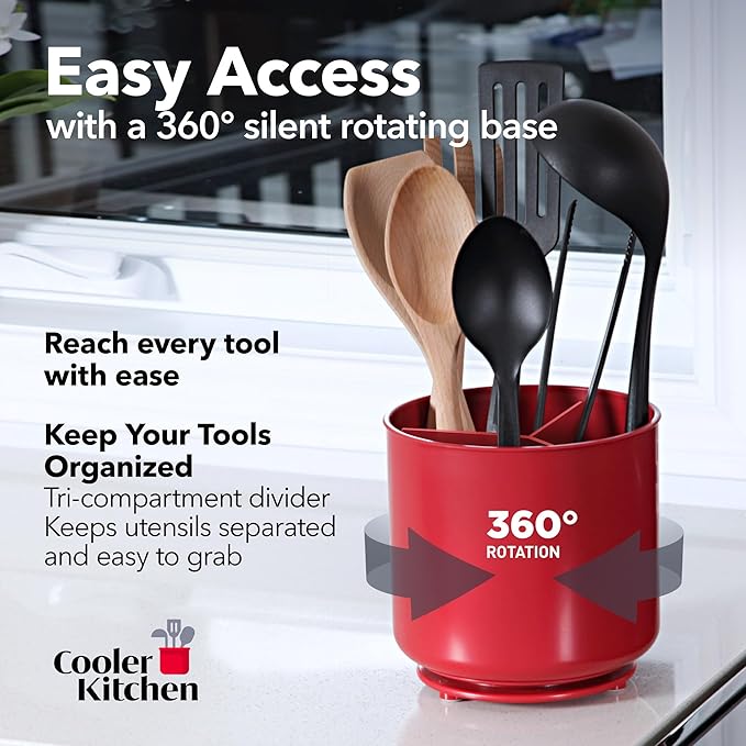 Extra Large Rotating Red Utensil Holder with Sturdy No-Tip Weighted Base, Removable Divider, and Gripped Insert | Rust Proof and Dishwasher Safe Kitchen Utensils Holder by Cooler Kitchen 7*7 Inches-NeatNest