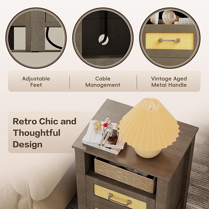 JUMMICO 26.18" End Table with Charging Station and Rattan Drawers, Farmhouse Nighstand, Wooden Storage Bedside Table, Living Room, Bedroom(2, Vintage Gray)