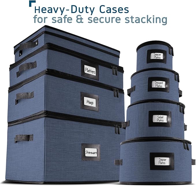 Hearth & Harbor Coffee Mug Storage, Quilted and Stackable Coffee Cup Storage Organizer for Service of 12, Mug Storage Box with Dividers, China Containers Hard Shell for Moving and Organization, Blue-NeatNest