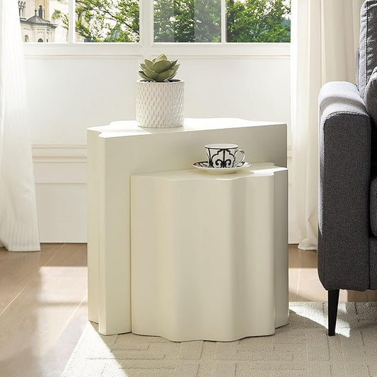 kevinplus 2-in-1 Irregular Nesting Side Table End Table Set of 2 for Living Room, Fiberglass Material & No Assembly, Beige