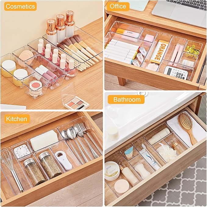 SMARTAKE 28 Piece Drawer Organizers with Non-Slip Silicone Pads, 4-Size Desk Drawer Organizer Trays Storage Tray for Makeup, Jewelries, Utensils in Bedroom Dresser, Office and Kitchen, Clear-NeatNest