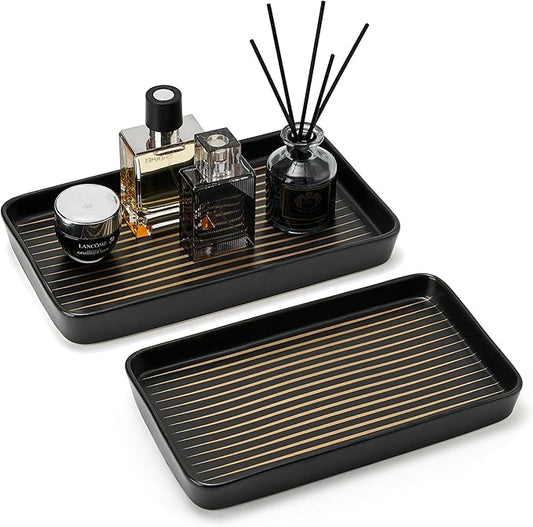 Bathroom Vanity Tray for Countertop,2PC Rectangle Striped Tray,Decorative Bathroom Organizer for Scrubber, Lotion Bottles, Perfume, Jewelry, Candle, Key Trinket Ring(Large,Black)-NeatNest