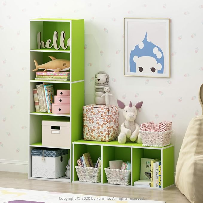 Furinno Pasir 3-Tier Open Shelf Bookcase, White/Green 11003WH/GR-NeatNest