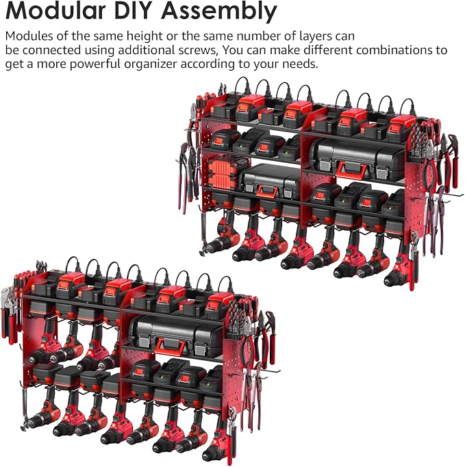 CCCEI Modular Pegboard Rack Power Tool Organizer with Charging Station. 4 Layer Wall Mount Drill Holder, Red Tool Battery Charger Organizer. Garage Shop Storage Utility Shelf with 10FT Power Strip.-NeatNest