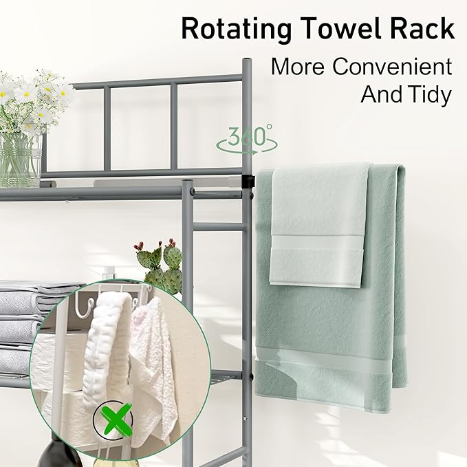 3-Tier Over The Toilet Storage Rack, Freestanding Bathroom Shelves Organizer with Hooks and Toilet Paper Holder, Space Saver Metal Shelf for Small Bathroom, Grey