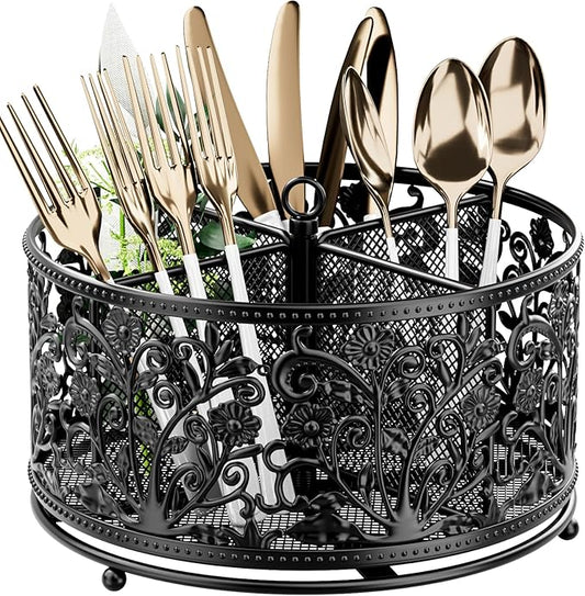 360° Rotating Utensil Caddy - Silverware Cutlery Caddy Holder with 4 Compartment, Metal Flatware Organizer Countertop with Handle for Party Camping Picnic, Kitchen Counter, Office (Black)-NeatNest