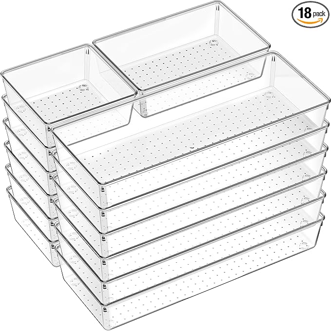 Criusia 18 Pcs Large Size Clear Drawer Organizer Set, Acrylic Non Slip Non Cracking Kitchen Drawer Storage Tray Divider, Multifunctional Storage for Cosmetics, Bathroom, Tools, Kitchen and Office-NeatNest