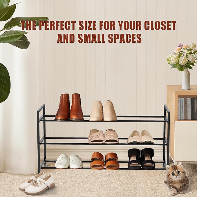 3-Tier Shoe Rack Storage Organizer for Closet, Small Space, Front Door, Sturdy Metal, Black-NeatNest