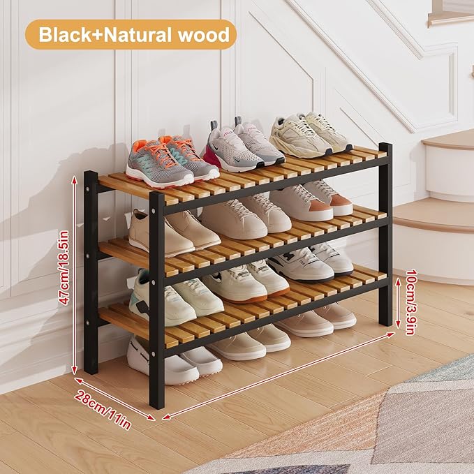Bamboo Shoe Rack Organizer for Closet and Entryway - Space-Saving Narrow Shoe Stand - Versatile Shoe Holder for Door or Closet Shelf, Garage Bedroom can Freely Stack DIY Small Shoe Racks 3 Tier-NeatNest