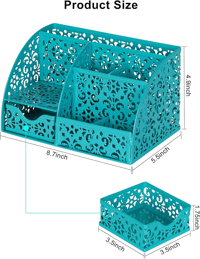 EasyPAG Desk Organizer with Sliding Drawer - 6 Compartments Metal Desktop Caddy, Decorative Elegant Hollow Flower Design, Anti-Scratch Pads for Home, Office, School, Dark Teal-NeatNest