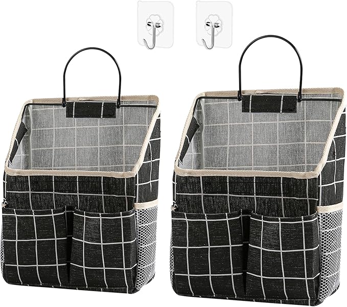 2pcs Wall Hanging Storage Bag,Wall Hanging Organizer Bags with Pockets, Wall Organizer Storage for Dormitory Bathroom Bedroom Kitchen(Black Grid)-NeatNest