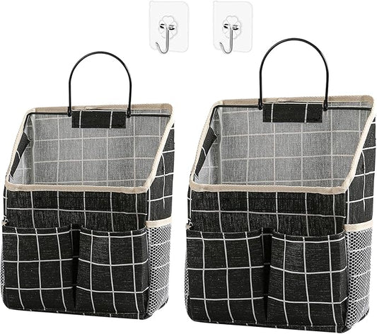 2pcs Wall Hanging Storage Bag,Wall Hanging Organizer Bags with Pockets, Wall Organizer Storage for Dormitory Bathroom Bedroom Kitchen(Black Grid)-NeatNest